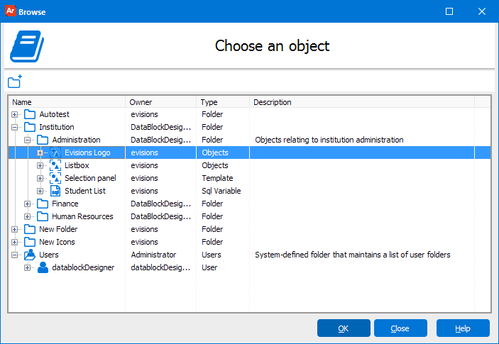 Browse dialog showing a list of items that you can add to your dashboard or report.